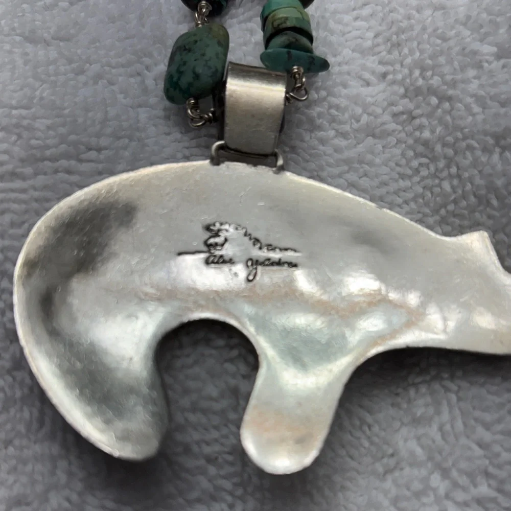 Inlay Stone Bear Pendant Necklace - Turquoise Multicolor heavy sterling silver - Picture 2 of 8